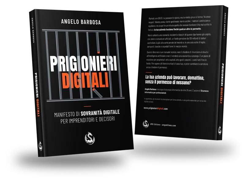 Due copie del libro Prigionieri Digitali di Angelo Barbosa, fronte e retro, con la copertina nera
