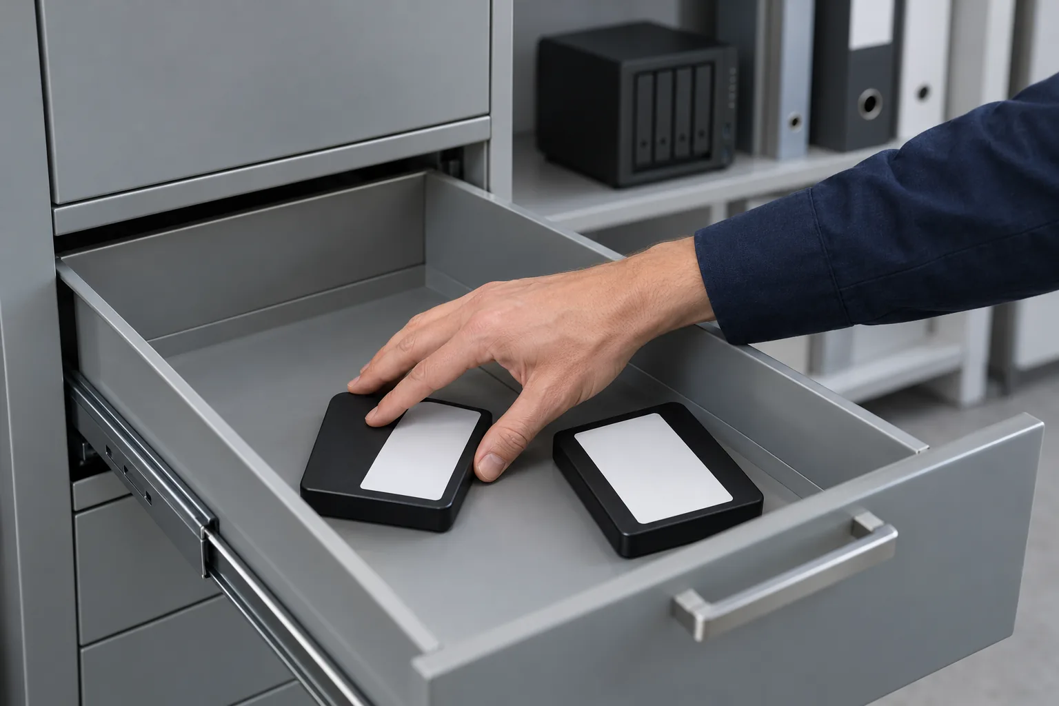 Una mano ripone un disco esterno in un cassetto metallico dell'ufficio, accanto a un secondo disco; sullo sfondo un NAS e i raccoglitori