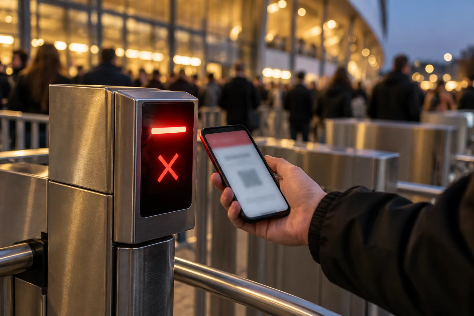 All'ingresso di un evento, il lettore del tornello mostra una croce rossa davanti al biglietto sullo smartphone
