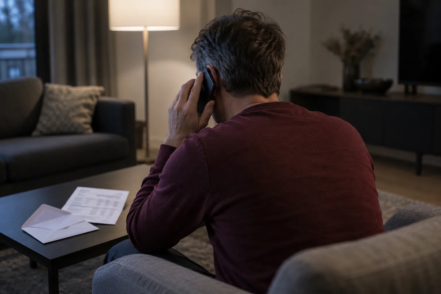 Un uomo di spalle, seduto in poltrona nel soggiorno, parla al telefono; sul tavolino una busta aperta e un estratto con tabelle