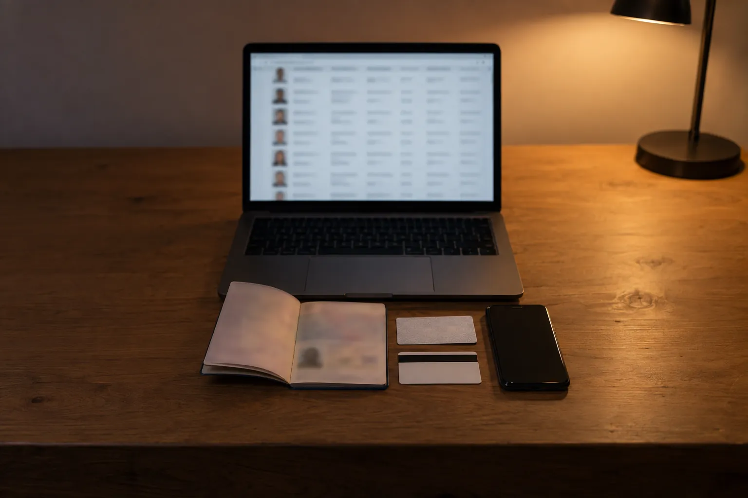 Un passaporto aperto, delle carte e uno smartphone accanto a un portatile che mostra un elenco sfocato di identità con foto tessera