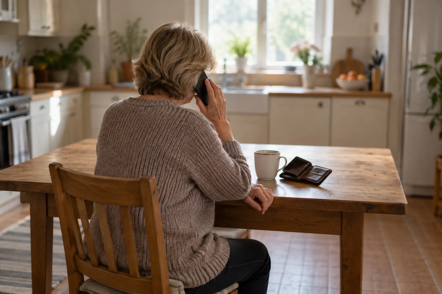 Una donna di spalle, seduta al tavolo della cucina, parla al telefono con il portafoglio aperto davanti a sé