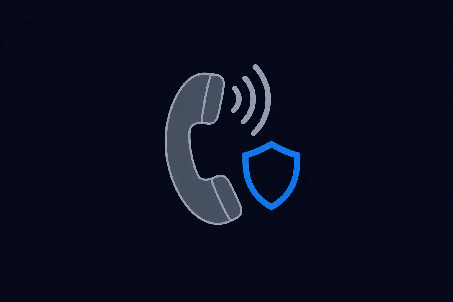 Una cornetta del telefono grigia da cui escono onde sonore, accanto a uno scudo blu