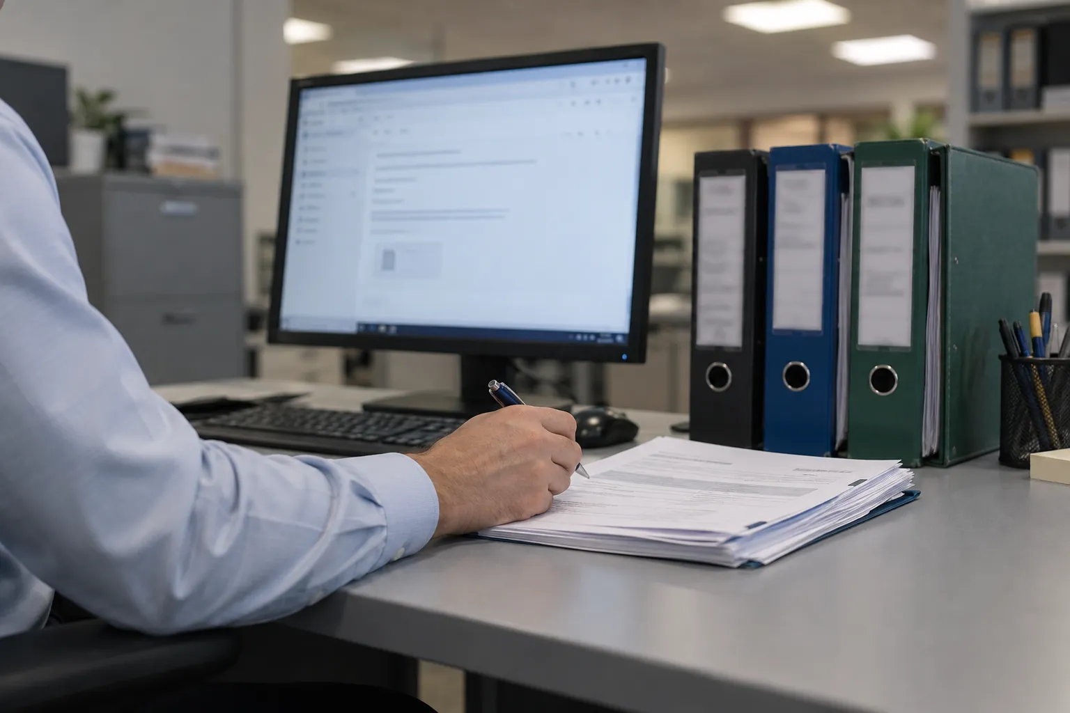 In un ufficio amministrativo una persona con la penna in mano guarda una email sul monitor, accanto a una pila di fatture e ai raccoglitori