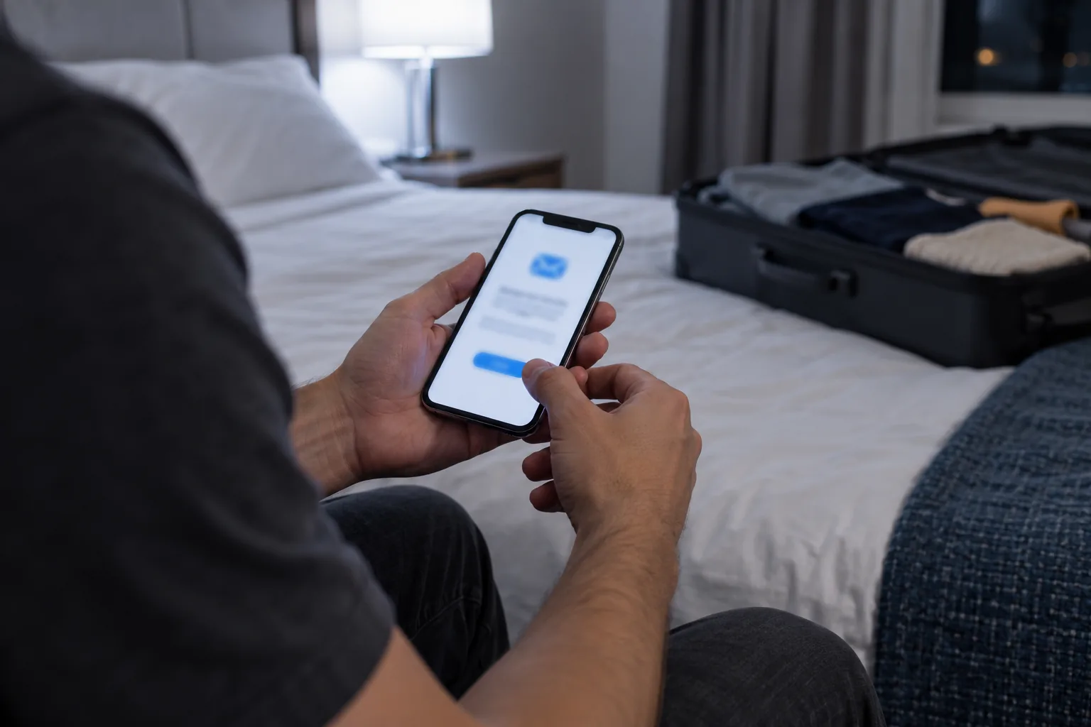 Una persona seduta sul letto di una camera d'albergo, con la valigia aperta, sta per toccare il pulsante di una email sul telefono