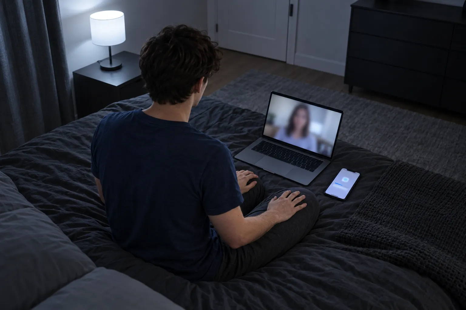 Un ragazzo di spalle sul letto, la sera, davanti a un portatile con una videochiamata e un telefono che installa un'app