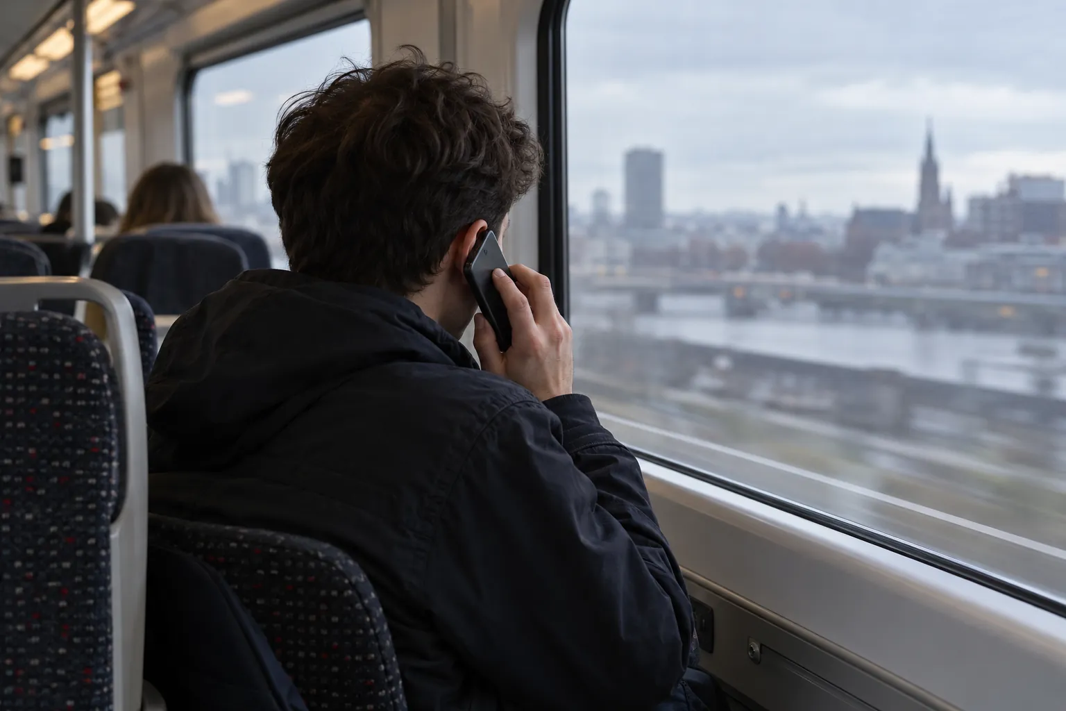 Un ragazzo di spalle in treno parla al telefono, fuori dal finestrino una città grigia
