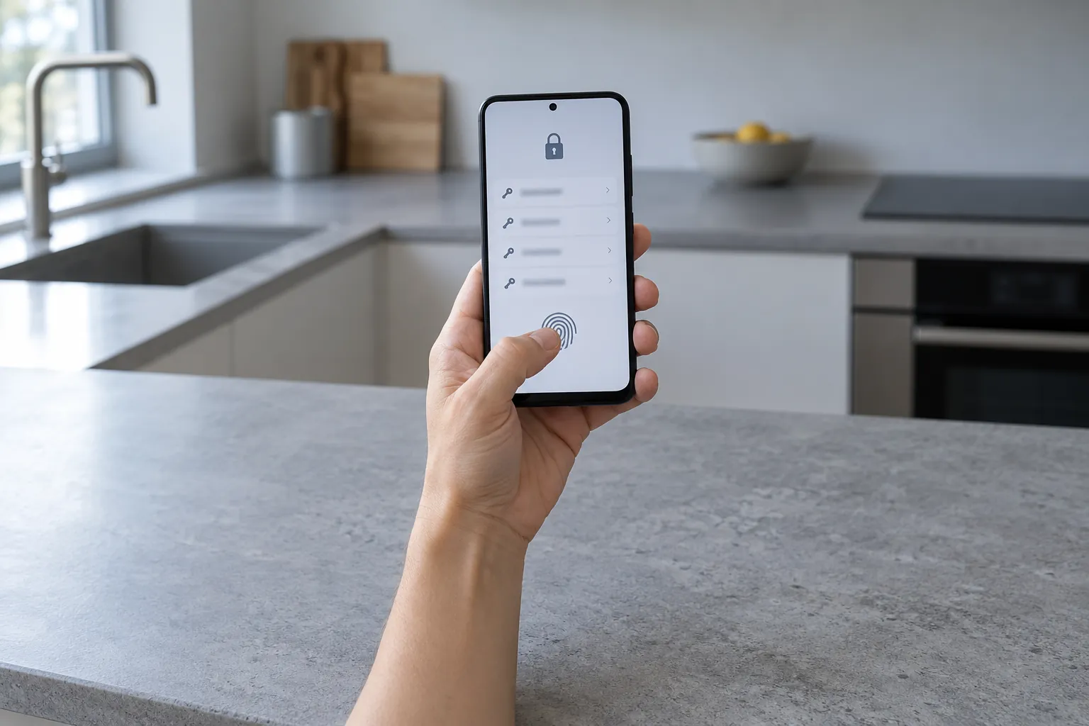 Una mano tiene uno smartphone con un elenco di password protetto da lucchetto e il pollice sul sensore di impronta, in una cucina