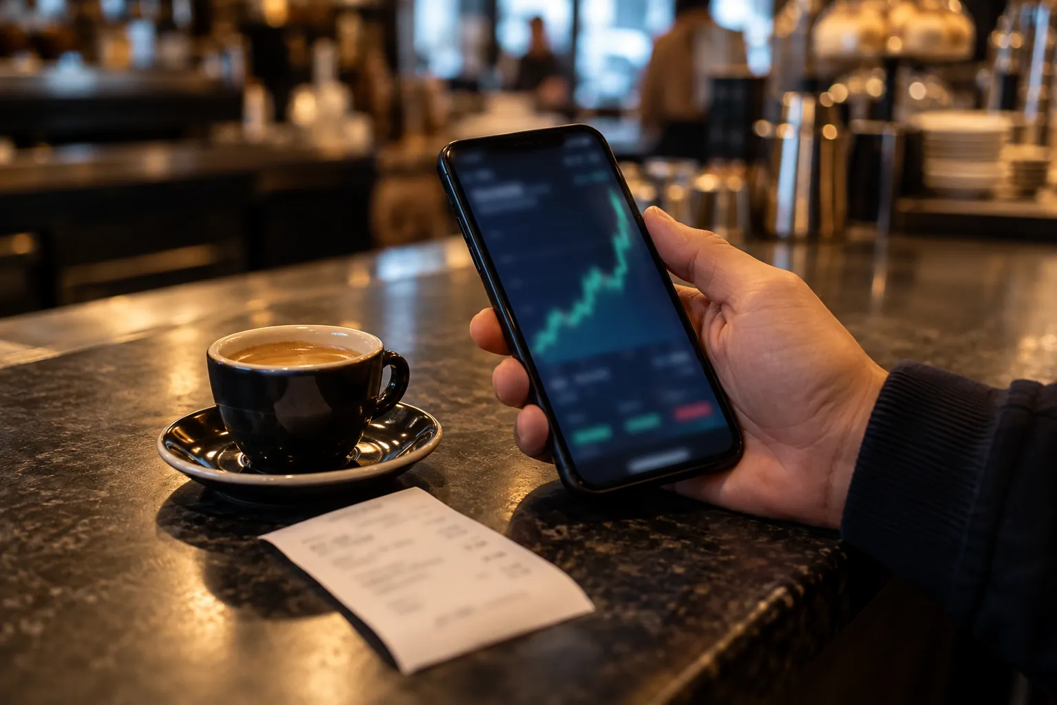 Al bancone di un bar una mano tiene uno smartphone con un grafico in forte salita, accanto un caffè e lo scontrino
