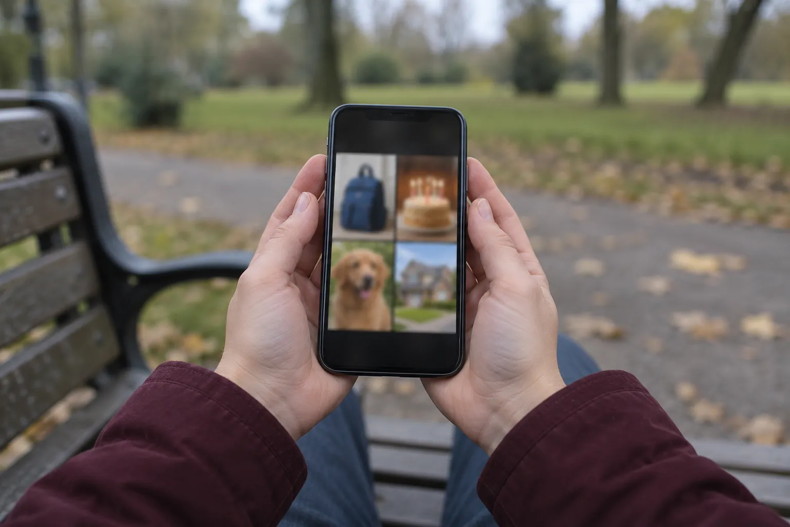 Due mani tengono uno smartphone con foto personali: uno zaino di scuola, una torta di compleanno, un cane e una casa, su una panchina del parco