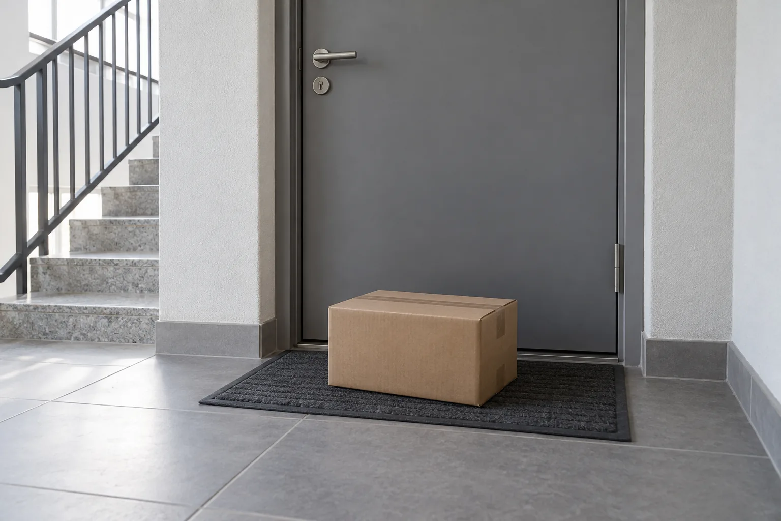 Un pacco di cartone senza etichetta sullo zerbino davanti alla porta chiusa di un appartamento