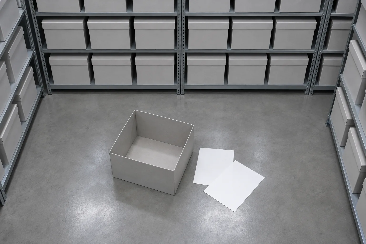 Un archivio con file di scatole grigie identiche; a terra una scatola aperta e vuota e due fogli caduti