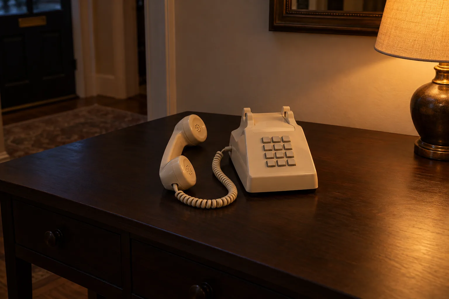 Un telefono fisso color crema su un mobile scuro di sera, con la cornetta sollevata appoggiata accanto