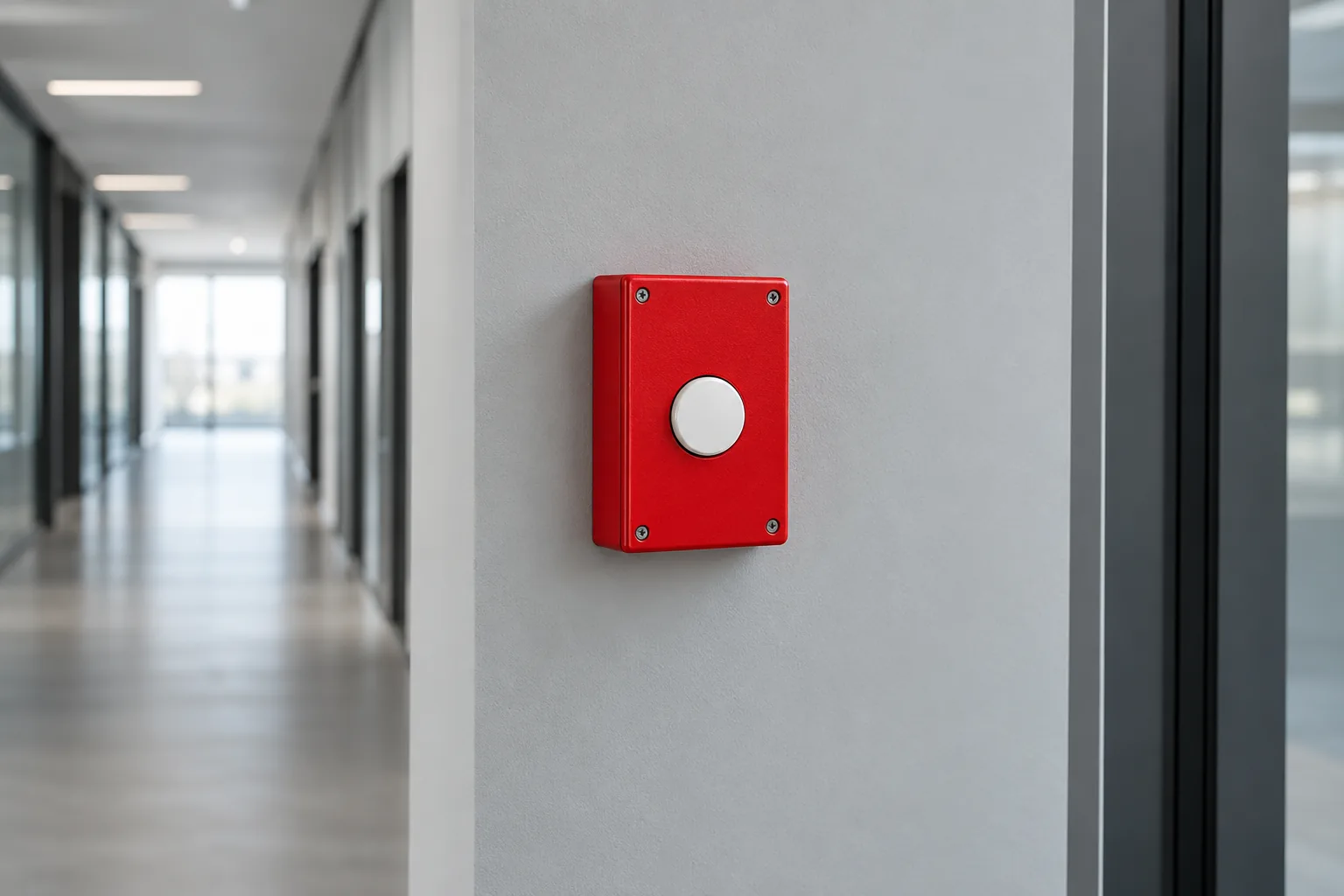 Un pulsante d'allarme rosso sulla parete di un corridoio d'ufficio
