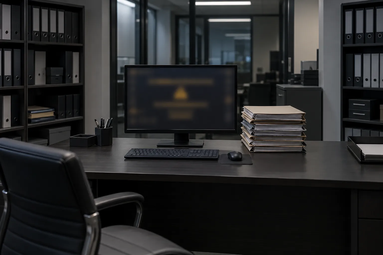Uno studio professionale con scaffali di raccoglitori e un monitor bloccato da un avviso scuro accanto a una pila di fascicoli