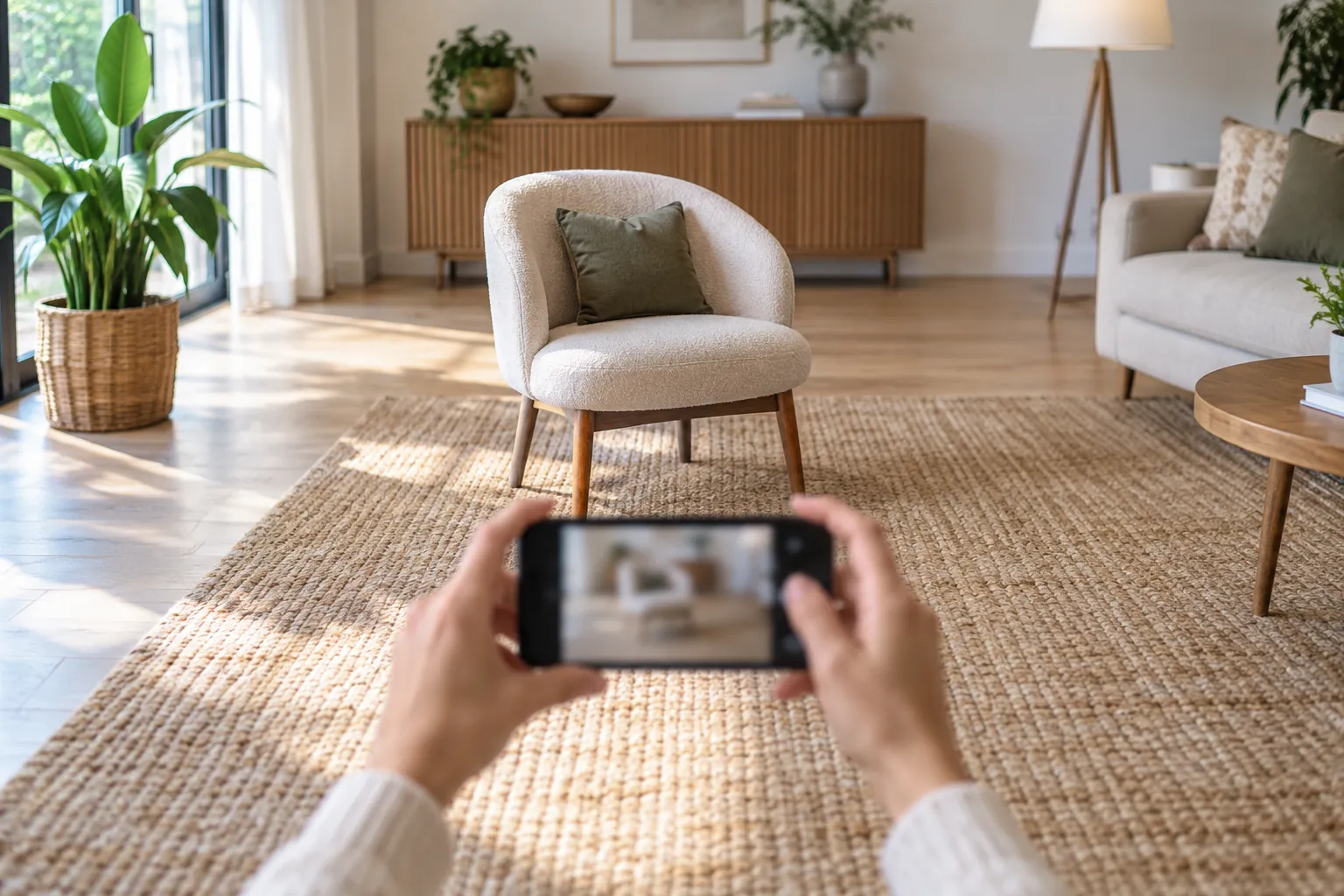 Due mani fotografano con lo smartphone una poltroncina da mettere in vendita in un annuncio online