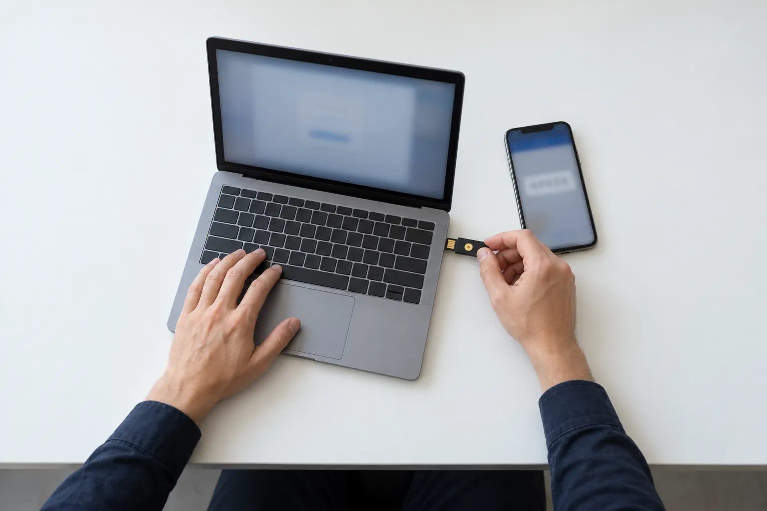 Una mano inserisce una chiave di sicurezza USB nel portatile mentre l'altra è sul trackpad, accanto uno smartphone con un codice di verifica