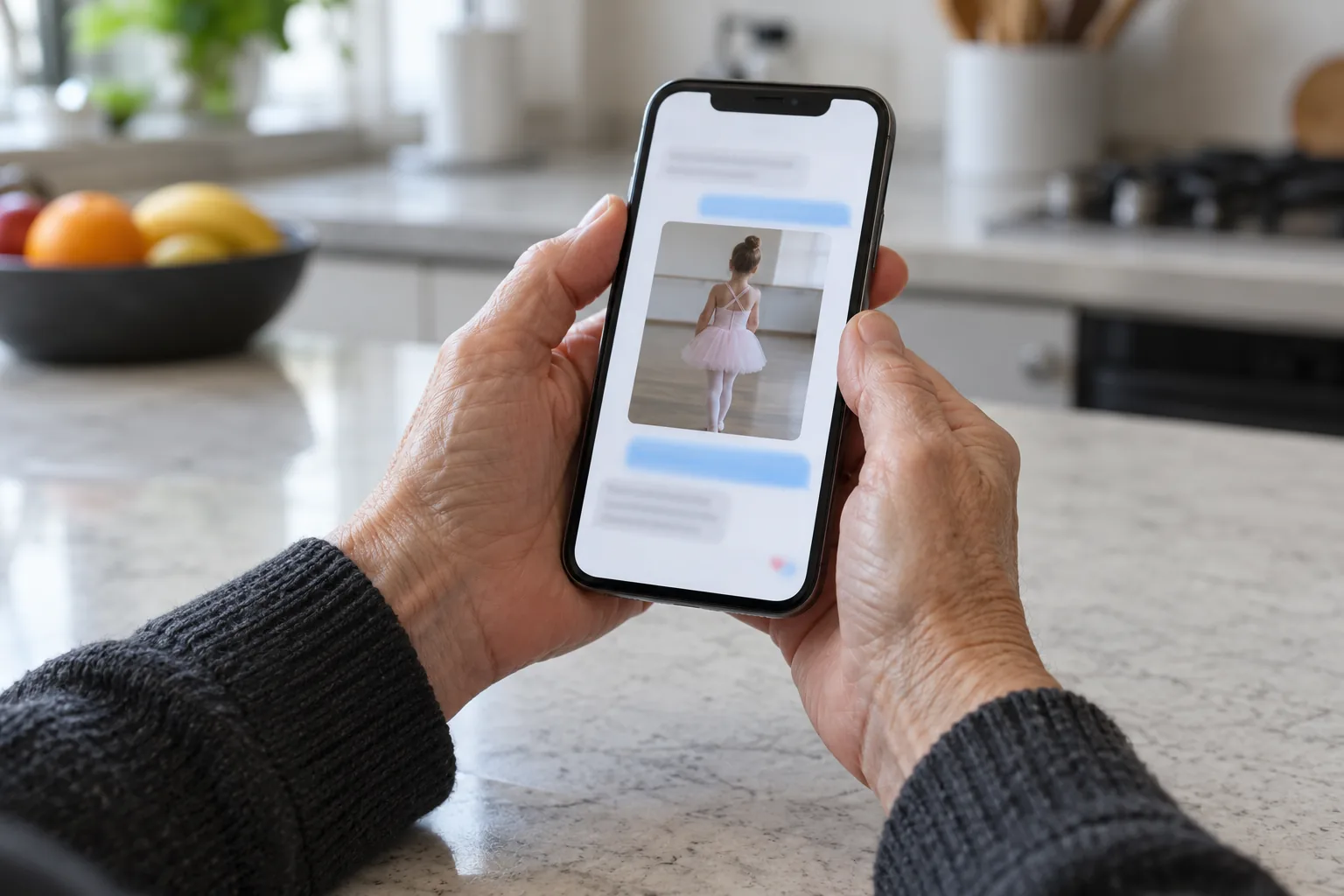 Le mani di una persona anziana tengono uno smartphone con una chat che mostra la foto di una bambina in tutù vista di spalle